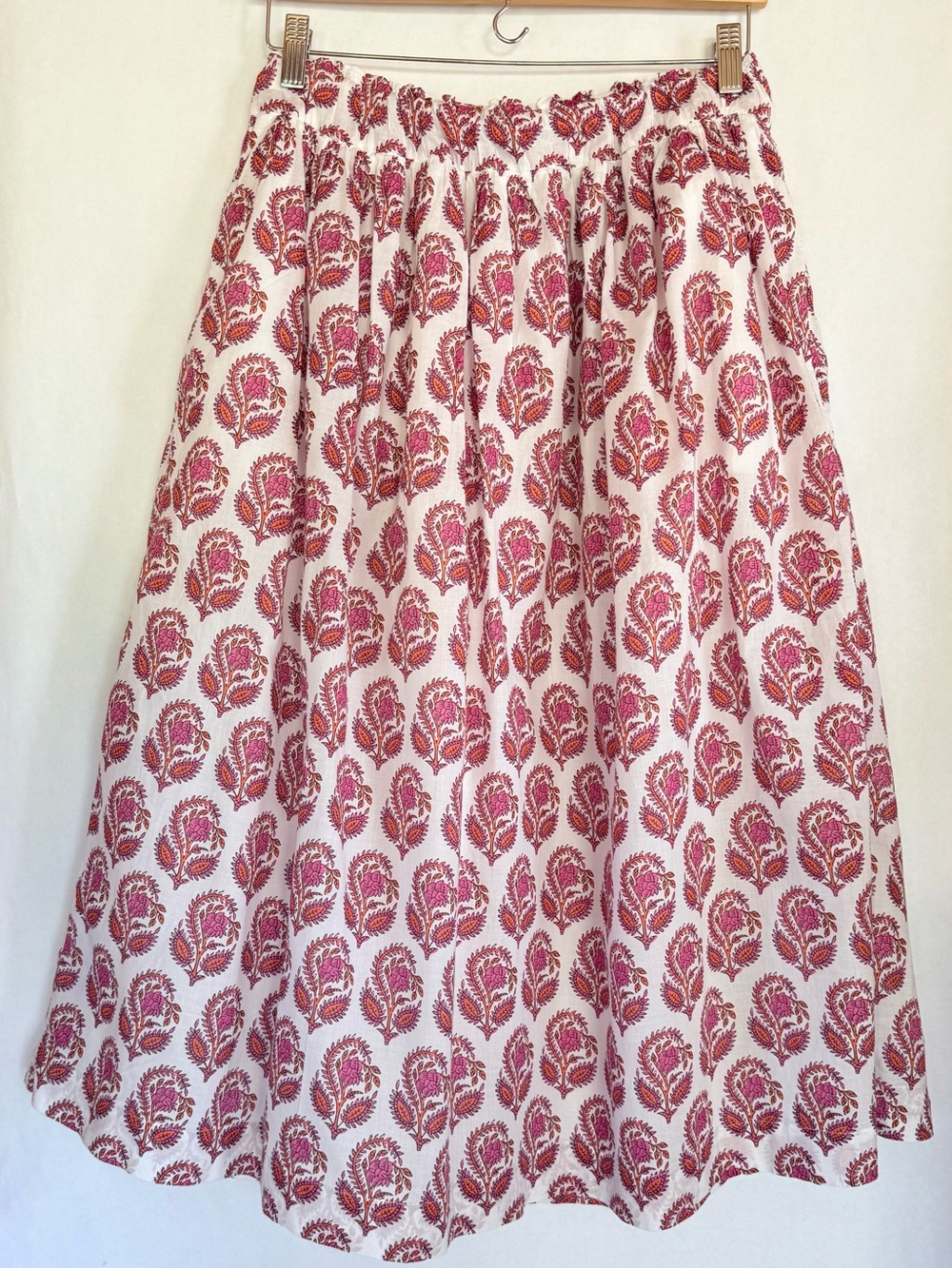 J. Crew White A-Line Skirt with Pink and Red Floral Motif